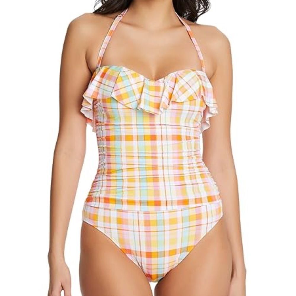 NWT BLEU ROD BEATTIE Hip to be Square Plaid Ruffle Bandeau 1-Piece Swim, Size 6